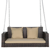 HAOYYE Brown Gradient Rattan Swing Chair with Beige Cushion and Pillows, Outdoor Hanging Patio Bench with Chains and Locks, Two-Person Wicker Porch Seat for Garden, Backyard, Balcony